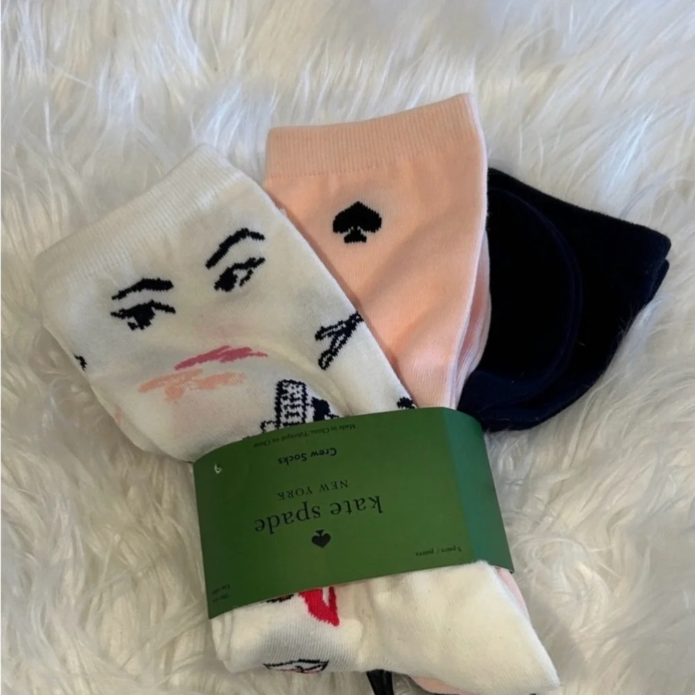 Kate Spade New York 3 Pair Crew Socks Gift Set NWT Pink Black White Novelty